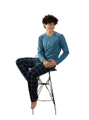 Malabadi Mavi Ekoseli  Düğmeli Yaka Kışlık  Erkek Pijama Takımı 6015